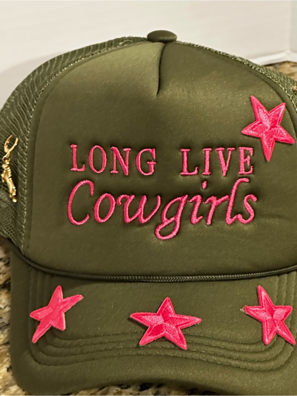 Long Live Cowgirls Olive Trucker Hat with Pink Stars and charms - Picture 2 of 8
